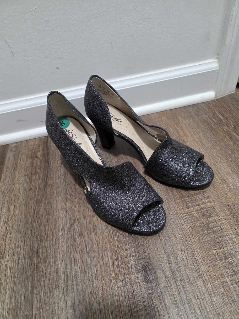Life Stride Glitter Open-Toe Block Heels in Gunmetal
